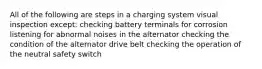 All of the following are steps in a charging system visual inspection except: checking battery terminals for corrosion listening for abnormal noises in the alternator checking the condition of the alternator drive belt checking the operation of the neutral safety switch