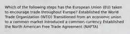 Which of the following steps has the European Union (EU) taken to encourage trade throughout Europe? Established the World Trade Organization (WTO) Transitioned from an economic union to a common market Introduced a common currency Established the North American Free Trade Agreement (NAFTA)