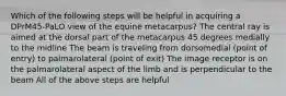 Which of the following steps will be helpful in acquiring a DPrM45-PaLO view of the equine metacarpus? The central ray is aimed at the dorsal part of the metacarpus 45 degrees medially to the midline The beam is traveling from dorsomedial (point of entry) to palmarolateral (point of exit) The image receptor is on the palmarolateral aspect of the limb and is perpendicular to the beam All of the above steps are helpful