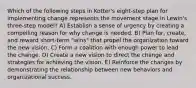 Which of the following steps in Kotter's eight-step plan for implementing change represents the movement stage in Lewin's three-step model? A) Establish a sense of urgency by creating a compelling reason for why change is needed. B) Plan for, create, and reward short-term "wins" that propel the organization toward the new vision. C) Form a coalition with enough power to lead the change. D) Create a new vision to direct the change and strategies for achieving the vision. E) Reinforce the changes by demonstrating the relationship between new behaviors and organizational success.