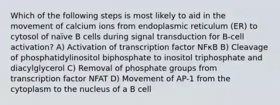 Which of the following steps is most likely to aid in the movement of calcium ions from endoplasmic reticulum (ER) to cytosol of naïve B cells during signal transduction for B-cell activation? A) Activation of transcription factor NFκB B) Cleavage of phosphatidylinositol biphosphate to inositol triphosphate and diacylglycerol C) Removal of phosphate groups from transcription factor NFAT D) Movement of AP-1 from the cytoplasm to the nucleus of a B cell