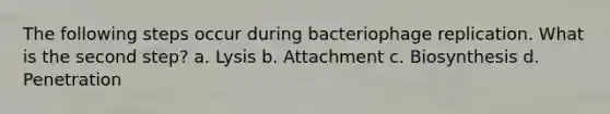 The following steps occur during bacteriophage replication. What is the second step? a. Lysis b. Attachment c. Biosynthesis d. Penetration