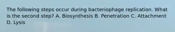 The following steps occur during bacteriophage replication. What is the second step? A. Biosynthesis B. Penetration C. Attachment D. Lysis