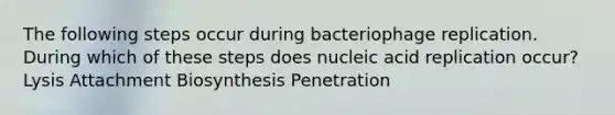 The following steps occur during bacteriophage replication. During which of these steps does nucleic acid replication occur? Lysis Attachment Biosynthesis Penetration