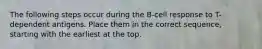 The following steps occur during the B-cell response to T-dependent antigens. Place them in the correct sequence, starting with the earliest at the top.