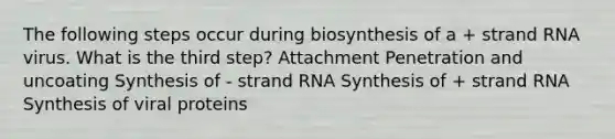 The following steps occur during biosynthesis of a + strand RNA virus. What is the third step? Attachment Penetration and uncoating Synthesis of - strand RNA Synthesis of + strand RNA Synthesis of viral proteins