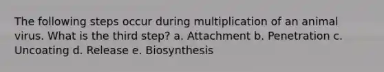 The following steps occur during multiplication of an animal virus. What is the third step? a. Attachment b. Penetration c. Uncoating d. Release e. Biosynthesis