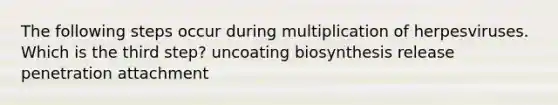 The following steps occur during multiplication of herpesviruses. Which is the third step? uncoating biosynthesis release penetration attachment