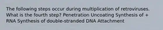 The following steps occur during multiplication of retroviruses. What is the fourth step? Penetration Uncoating Synthesis of + RNA Synthesis of double-stranded DNA Attachment