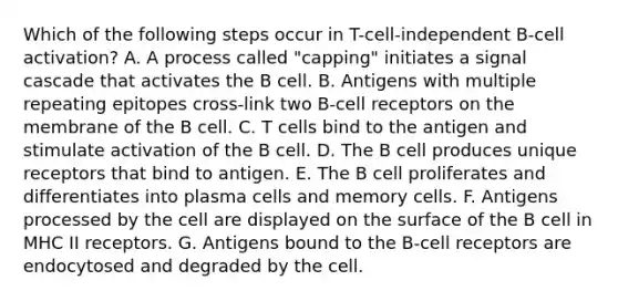 Which of the following steps occur in T-cell-independent B-cell activation? A. A process called "capping" initiates a signal cascade that activates the B cell. B. Antigens with multiple repeating epitopes cross-link two B-cell receptors on the membrane of the B cell. C. T cells bind to the antigen and stimulate activation of the B cell. D. The B cell produces unique receptors that bind to antigen. E. The B cell proliferates and differentiates into plasma cells and memory cells. F. Antigens processed by the cell are displayed on the surface of the B cell in MHC II receptors. G. Antigens bound to the B-cell receptors are endocytosed and degraded by the cell.