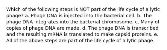 Which of the following steps is NOT part of the life cycle of a lytic phage? a. Phage DNA is injected into the bacterial cell. b. The phage DNA integrates into the bacterial chromosome. c. Many of copies of phage DNA are made. d. The phage DNA is transcribed and the resulting mRNA is translated to make capsid proteins. e. All of the above steps are part of the life cycle of a lytic phage.