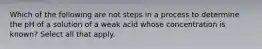 Which of the following are not steps in a process to determine the pH of a solution of a weak acid whose concentration is known? Select all that apply.