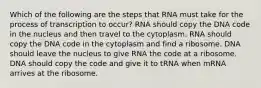 Which of the following are the steps that RNA must take for the process of transcription to occur? RNA should copy the DNA code in the nucleus and then travel to the cytoplasm. RNA should copy the DNA code in the cytoplasm and find a ribosome. DNA should leave the nucleus to give RNA the code at a ribosome. DNA should copy the code and give it to tRNA when mRNA arrives at the ribosome.