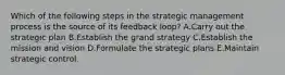 Which of the following steps in the strategic management process is the source of its feedback loop? A.Carry out the strategic plan B.Establish the grand strategy C.Establish the mission and vision D.Formulate the strategic plans E.Maintain strategic control.