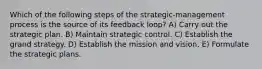 Which of the following steps of the strategic-management process is the source of its feedback loop? A) Carry out the strategic plan. B) Maintain strategic control. C) Establish the grand strategy. D) Establish the mission and vision. E) Formulate the strategic plans.