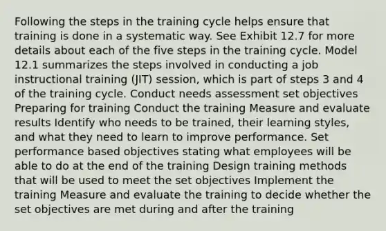 Following the steps in the training cycle helps ensure that training is done in a systematic way. See Exhibit 12.7 for more details about each of the five steps in the training cycle. Model 12.1 summarizes the steps involved in conducting a job instructional training (JIT) session, which is part of steps 3 and 4 of the training cycle. Conduct needs assessment set objectives Preparing for training Conduct the training Measure and evaluate results Identify who needs to be trained, their learning styles, and what they need to learn to improve performance. Set performance based objectives stating what employees will be able to do at the end of the training Design training methods that will be used to meet the set objectives Implement the training Measure and evaluate the training to decide whether the set objectives are met during and after the training