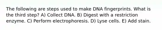 The following are steps used to make DNA fingerprints. What is the third step? A) Collect DNA. B) Digest with a restriction enzyme. C) Perform electrophoresis. D) Lyse cells. E) Add stain.