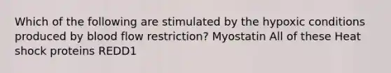 Which of the following are stimulated by the hypoxic conditions produced by blood flow restriction? Myostatin All of these Heat shock proteins REDD1