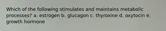 Which of the following stimulates and maintains metabolic processes? a. estrogen b. glucagon c. thyroxine d. oxytocin e. growth hormone