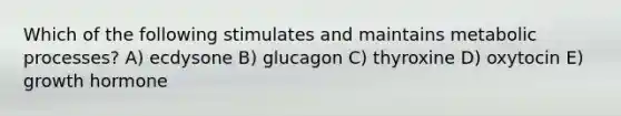 Which of the following stimulates and maintains metabolic processes? A) ecdysone B) glucagon C) thyroxine D) oxytocin E) growth hormone