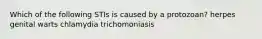 Which of the following STIs is caused by a protozoan? herpes genital warts chlamydia trichomoniasis