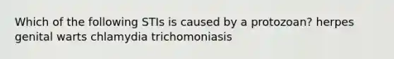 Which of the following STIs is caused by a protozoan? herpes genital warts chlamydia trichomoniasis