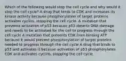 Which of the following would stop the cell cycle and why would it stop the cell cycle? A drug that binds to CDK and increases its kinase activity because phosphorylation of target proteins activates cyclins, stopping the cell cycle. A mutation that prevents activation of p53 because p53 detects DNA damage and needs to be activated for the cell to progress through the cell cycle A mutation that prevents CDK from binding ATP because it would prevent phosphorylation of target proteins needed to progress through the cell cycle A drug that binds to p53 and activates it because activation of p53 phosphorylates CDK and activates cyclins, stopping the cell cycle.