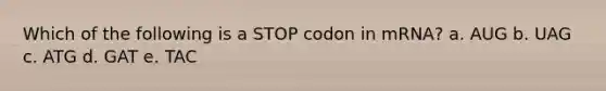 Which of the following is a STOP codon in mRNA? a. AUG b. UAG c. ATG d. GAT e. TAC