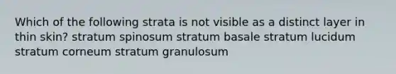 Which of the following strata is not visible as a distinct layer in thin skin? stratum spinosum stratum basale stratum lucidum stratum corneum stratum granulosum