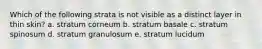 Which of the following strata is not visible as a distinct layer in thin skin? a. stratum corneum b. stratum basale c. stratum spinosum d. stratum granulosum e. stratum lucidum