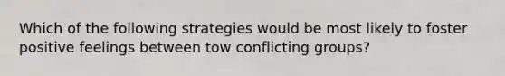 Which of the following strategies would be most likely to foster positive feelings between tow conflicting groups?