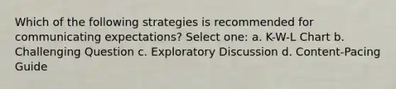 Which of the following strategies is recommended for communicating expectations? Select one: a. K-W-L Chart b. Challenging Question c. Exploratory Discussion d. Content-Pacing Guide