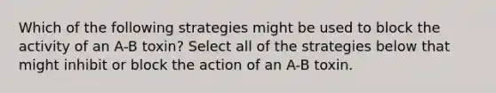 Which of the following strategies might be used to block the activity of an A-B toxin? Select all of the strategies below that might inhibit or block the action of an A-B toxin.