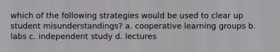 which of the following strategies would be used to clear up student misunderstandings? a. cooperative learning groups b. labs c. independent study d. lectures