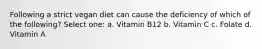 Following a strict vegan diet can cause the deficiency of which of the following? Select one: a. Vitamin B12 b. Vitamin C c. Folate d. Vitamin A