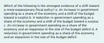 Which of the following is the strongest evidence of a shift toward a more expansionary fiscal policy? a. An increase in government spending as a share of the economy and a shift of the budget toward a surplus b. A reduction in government spending as a share of the economy and a shift of the budget toward a surplus c. An increase in government spending as a share of the economy and an expansion in the size of the budget deficit d. A reduction in government spending as a share of the economy and an expansion in the size of the budget deficit