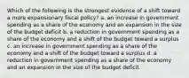 Which of the following is the strongest evidence of a shift toward a more expansionary fiscal policy? a. an increase in government spending as a share of the economy and an expansion in the size of the budget deficit b. a reduction in government spending as a share of the economy and a shift of the budget toward a surplus c. an increase in government spending as a share of the economy and a shift of the budget toward a surplus d. a reduction in government spending as a share of the economy and an expansion in the size of the budget deficit