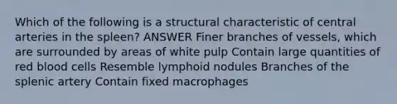 Which of the following is a structural characteristic of central arteries in the spleen? ANSWER Finer branches of vessels, which are surrounded by areas of white pulp Contain large quantities of red blood cells Resemble lymphoid nodules Branches of the splenic artery Contain fixed macrophages