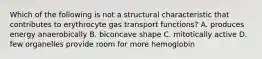 Which of the following is not a structural characteristic that contributes to erythrocyte gas transport functions? A. produces energy anaerobically B. biconcave shape C. mitotically active D. few organelles provide room for more hemoglobin