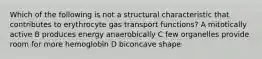 Which of the following is not a structural characteristic that contributes to erythrocyte gas transport functions? A mitotically active B produces energy anaerobically C few organelles provide room for more hemoglobin D biconcave shape