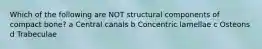 Which of the following are NOT structural components of compact bone? a Central canals b Concentric lamellae c Osteons d Trabeculae