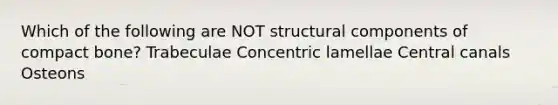 Which of the following are NOT structural components of compact bone? Trabeculae Concentric lamellae Central canals Osteons