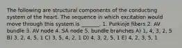 The following are structural components of the conducting system of the heart. The sequence in which excitation would move through this system is _______. 1. Purkinje fibers 2. AV bundle 3. AV node 4. SA node 5. bundle branches A) 1, 4, 3, 2, 5 B) 3, 2, 4, 5, 1 C) 3, 5, 4, 2, 1 D) 4, 3, 2, 5, 1 E) 4, 2, 3, 5, 1