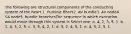 The following are structural components of the conducting system of the heart.1. Purkinje fibers2. AV bundle3. AV node4. SA node5. bundle branchesThe sequence in which excitation would move through this system is Select one: a. 4, 2, 3, 5, 1. b. 1, 4, 3, 2, 5. c. 3, 5, 4, 2, 1. d. 3, 2, 4, 5, 1. e. 4, 3, 2, 5, 1.