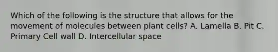 Which of the following is the structure that allows for the movement of molecules between plant cells? A. Lamella B. Pit C. Primary Cell wall D. Intercellular space