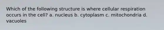 Which of the following structure is where cellular respiration occurs in the cell? a. nucleus b. cytoplasm c. mitochondria d. vacuoles