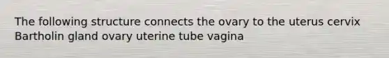 The following structure connects the ovary to the uterus cervix Bartholin gland ovary uterine tube vagina