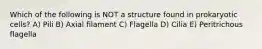 Which of the following is NOT a structure found in prokaryotic cells? A) Pili B) Axial filament C) Flagella D) Cilia E) Peritrichous flagella