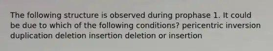 The following structure is observed during prophase 1. It could be due to which of the following conditions? pericentric inversion duplication deletion insertion deletion or insertion