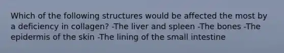 Which of the following structures would be affected the most by a deficiency in collagen? -The liver and spleen -The bones -<a href='https://www.questionai.com/knowledge/kBFgQMpq6s-the-epidermis' class='anchor-knowledge'>the epidermis</a> of the skin -The lining of <a href='https://www.questionai.com/knowledge/kt623fh5xn-the-small-intestine' class='anchor-knowledge'>the small intestine</a>